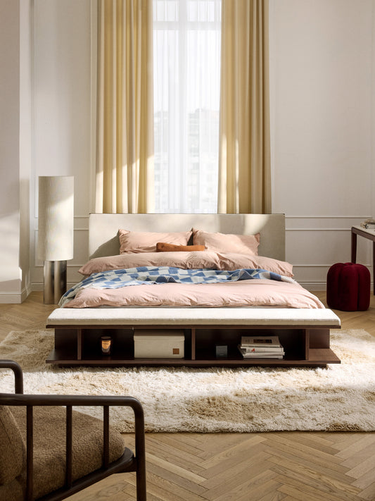 Clark Bed Frame with Bench and Side Shelves, in Wood