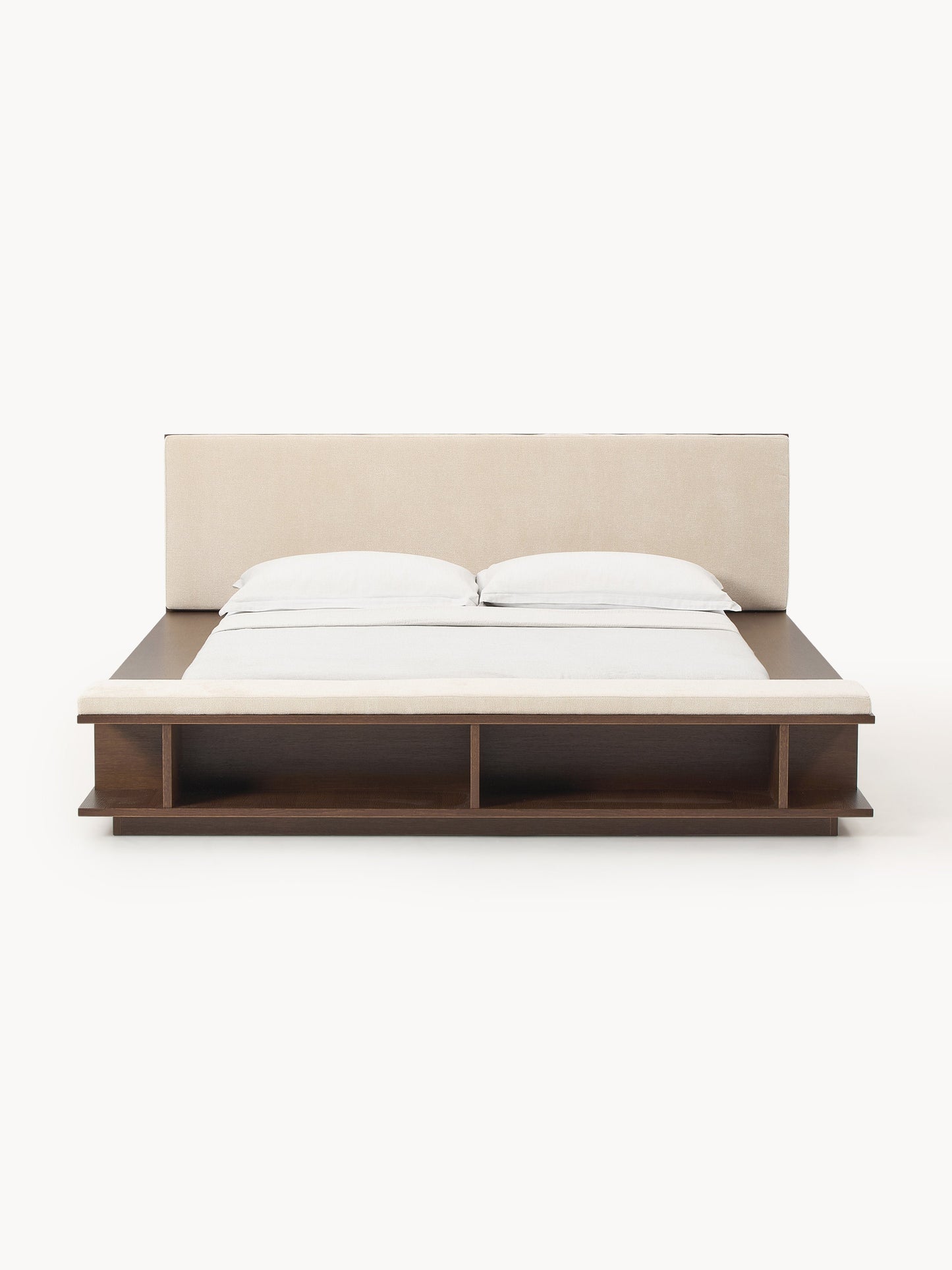 Clark Bed Frame with Bench and Side Shelves, in Wood