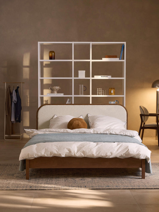 Jones Wooden Bedstead with Bouclé Headboard