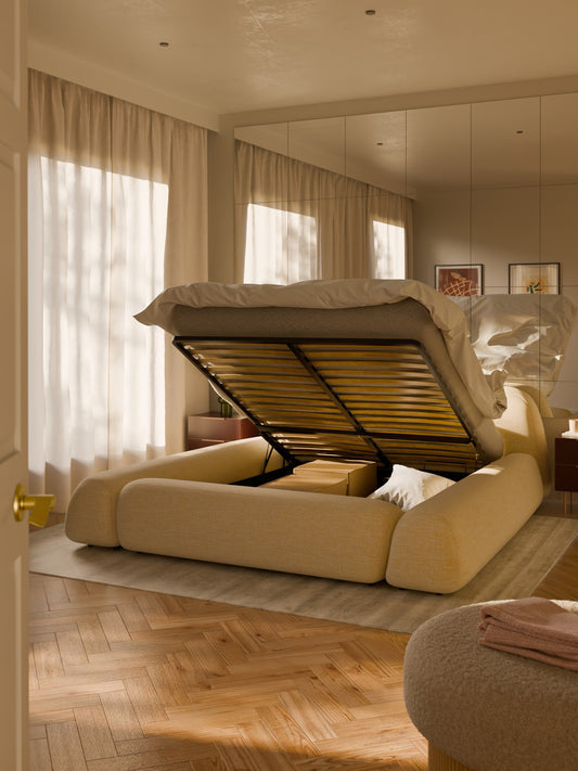 Wolke Upholstered Bed in Bouclé with Storage