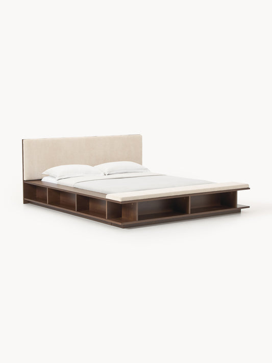 Clark Bed Frame with Bench and Side Shelves, in Wood