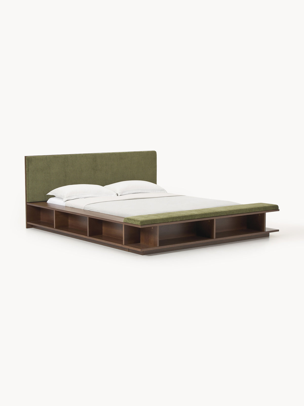 Clark Bed Frame with Bench and Side Shelves, in Wood