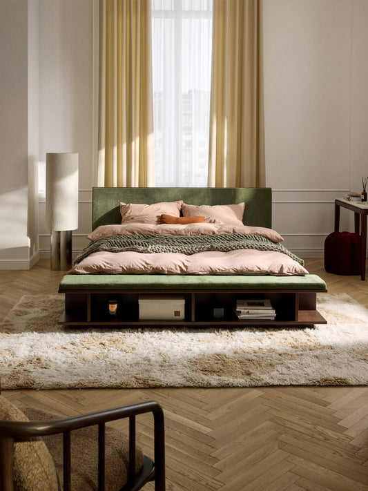 Clark Bed Frame with Bench and Side Shelves, in Wood