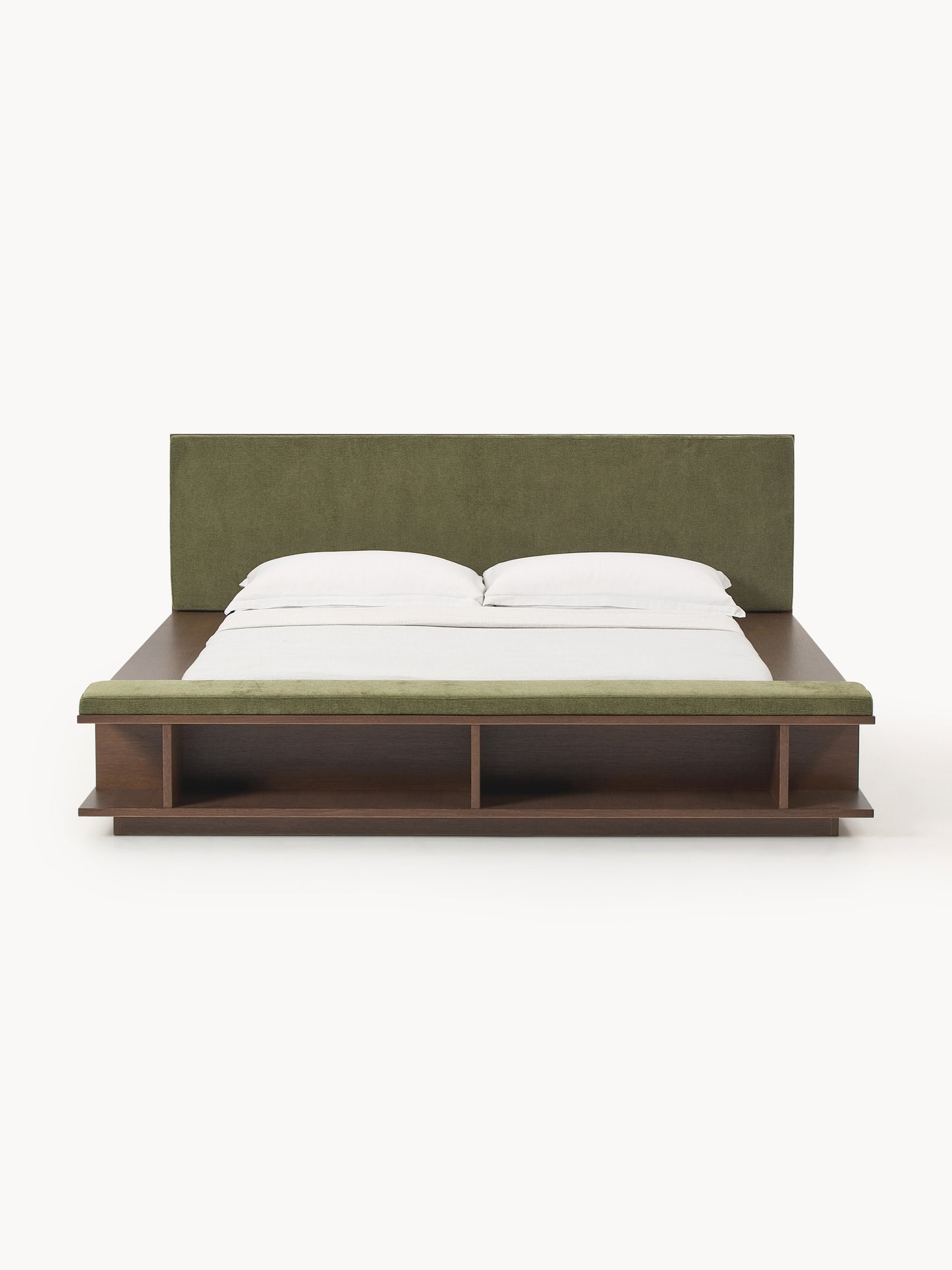 Clark Bed Frame with Bench and Side Shelves, in Wood