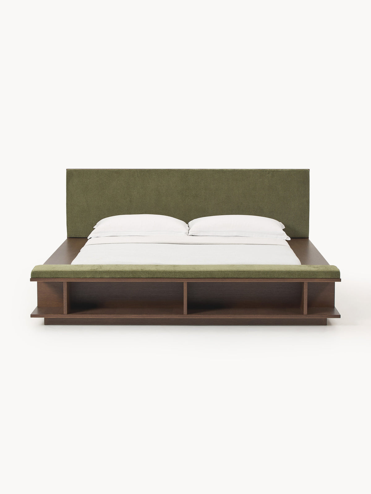 Clark Bed Frame with Bench and Side Shelves, in Wood