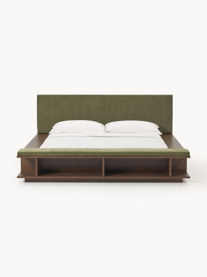Clark Bed Frame with Bench and Side Shelves, in Wood