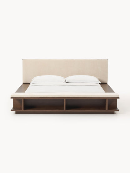 Clark Bed Frame with Bench and Side Shelves, in Wood