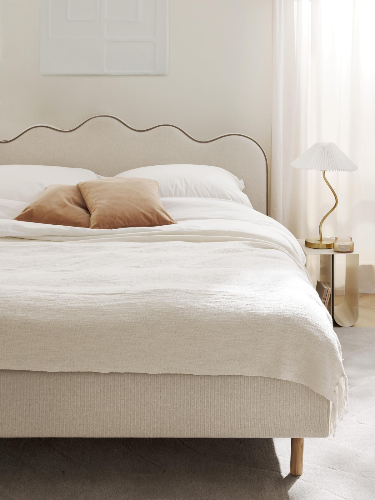 Romy Upholstered Bed Frame, Wavy Headboard