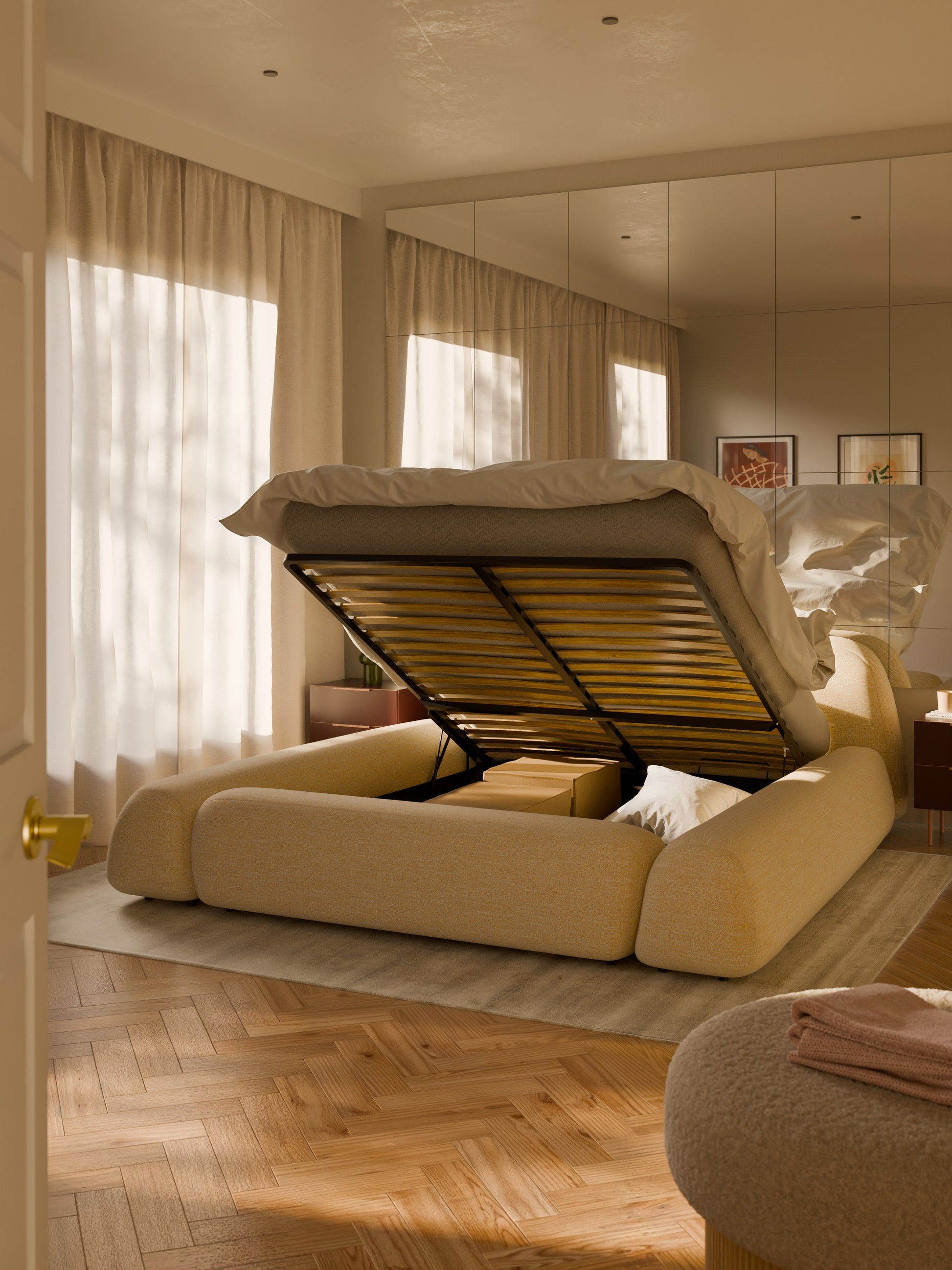 Wolke Upholstered Bed in Bouclé with Storage